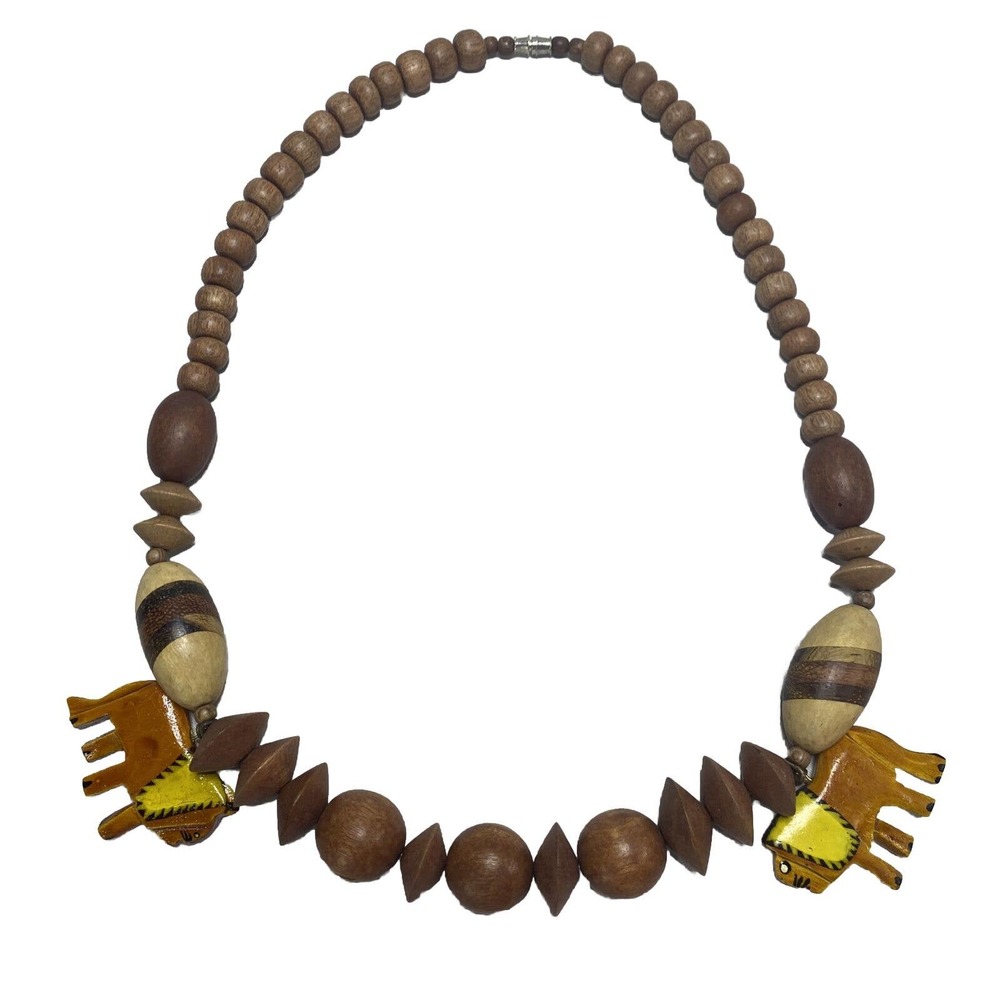 Tribal Vintage Carved Hand Painted Wood Lion Beaded Necklace Barrel Closure 24”